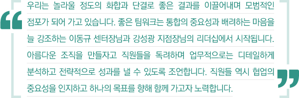 우리는 놀라울 정도의 화합과 단결로 좋은 결과를 이끌어내며 모범적인 점포가 되어 가고 있습니다. 좋은 팀워크는 통합의 중요성과 배려하는 마음을 늘 강조하는 이동규 센터장님과 강성광 지점장님의 리더십에서 시작됩니다. 아름다운 조직을 만들자고 직원들을 독려하며 업무적으로는 디테일하게 분석하고 전략적으로 성과를 낼 수 있도록 조언합니다. 직원들 역시 협업의 중요성을 인지하고 하나의 목표를 향해 함께 가고자 노력합니다.