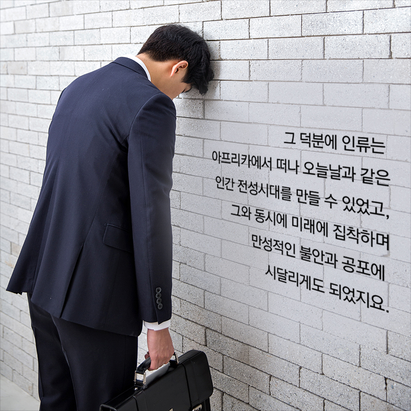 그 덕분에 인류는 아프리카에서 떠나 오늘날과 같은 인간 전성시대를 만들 수 있었고, 그와 동시에 미래에 집착하며 만성적인 불안과 공포에 시달리게도 되었지요.