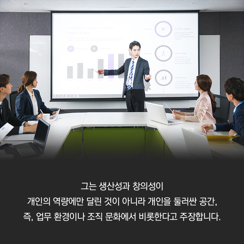 그는 생산성과 창의성이 개인의 역량에만 달린 것이 아니라 개인을 둘러싼 공간, 즉, 업무 환경이나 조직 문화에서 비롯한다고 주장합니다.