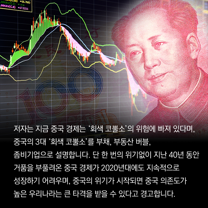 저자는 지금 중국 경제는 ‘회색 코뿔소’의 위험에 빠져 있다며, 중국의 3대 ‘회색 코뿔소’를 부채, 부동산 버블, 좀비기업으로 설명합니다. 단 한 번의 위기없이 지난 40년 동안 거품을 부풀려온 중국 경제가 2020년대에도 지속적으로 성장하기 어려우며, 중국의 위기가 시작되면 중국 의존도가 높은 우리나라는 큰 타격을 받을 수 있다고 경고합니다.