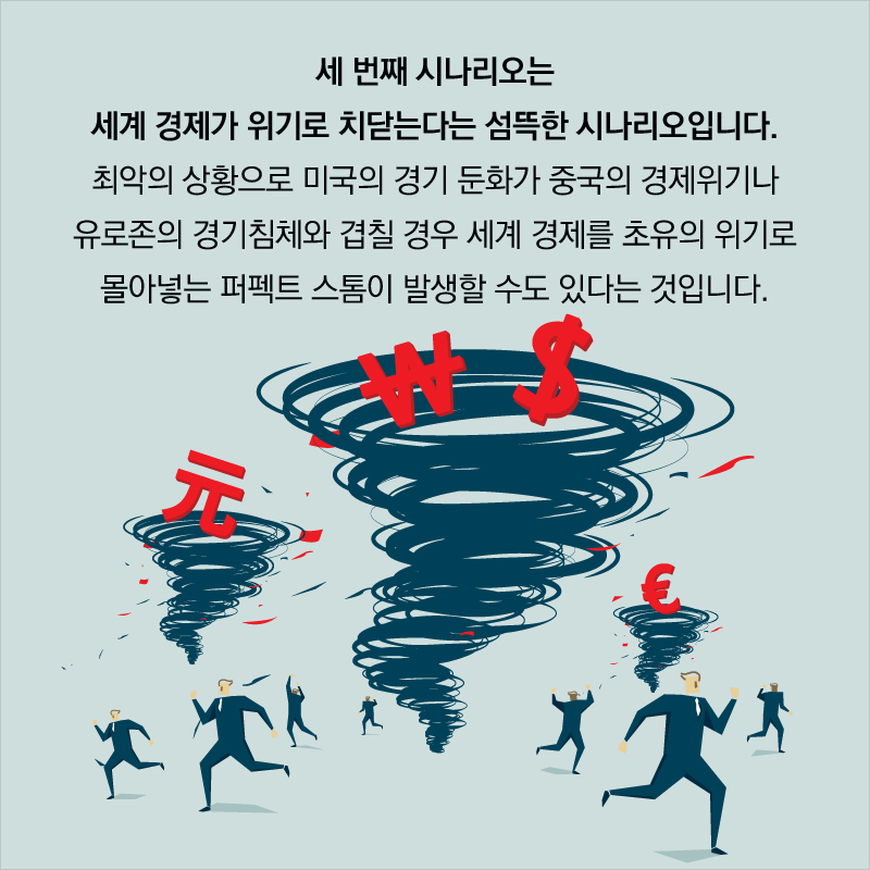 세 번째 시나리오는 세계 경제가 위기로 치닫는다는 섬뜩한 시나리오입니다. 최악의 상황으로 미국의 경기 둔화가 중국의 경제위기나 유로존의 경기침체와 겹칠 경우 세계 경제를 초유의 위기로 몰아넣는 퍼펙트 스톰이 발생할 수도 있다는 것입니다.
