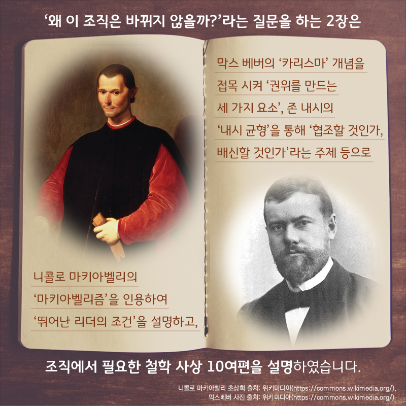 ‘왜 이 조직은 바뀌지 않을까?’라는 질문을 하는 2장은 니콜로 마키아벨리의 ‘마키아벨리즘’을 인용하여 ‘뛰어난 리더의 조건’을 설명하고, 막스 베버의 ‘카리스마’ 개념을 접목 시켜 ‘권위를 만드는 세 가지 요소’, 존 내시의 ‘내시 균형’을 통해 ‘협조할 것인가, 배신할 것인가’라는 주제 등으로 조직에서 필요한 철학 사상 10여편을 설명하였습니다.