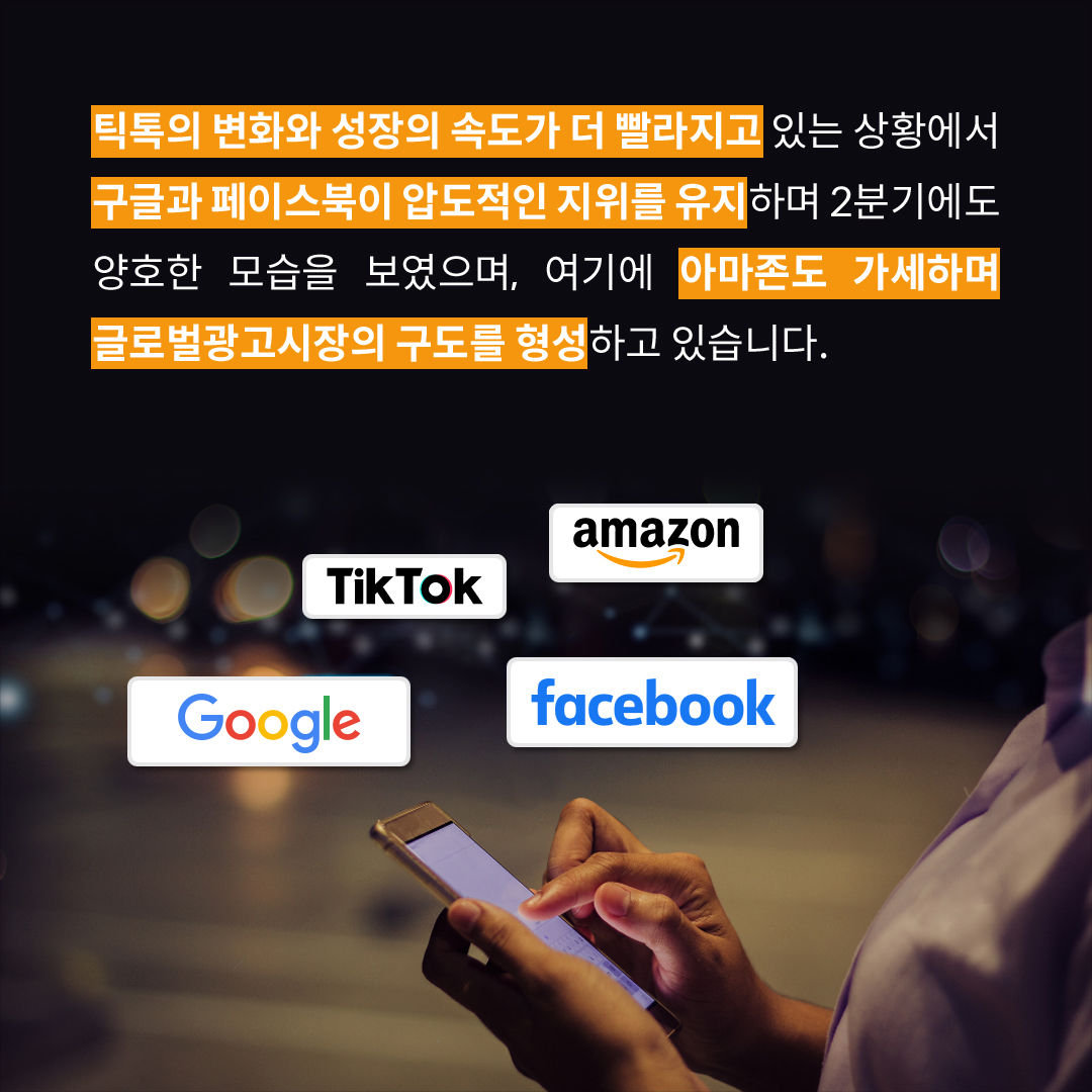 틱톡, 아마존, 구글, 페이스북 로고와 핸드폰을 보는 사진