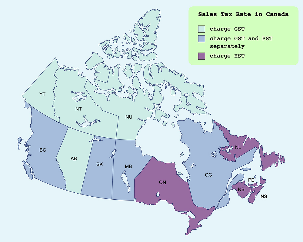 The Tax Rate in Each Province in Canada 지도 사진
